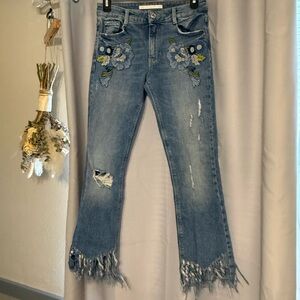 Trafalgar Distressed Blue Floral Wide Leg Jeans